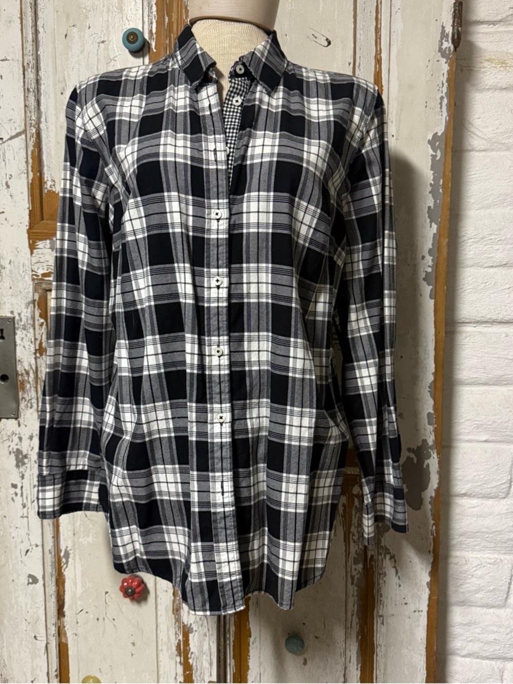 Talbots Black and White Plaid Cotton Button-Down Shirt